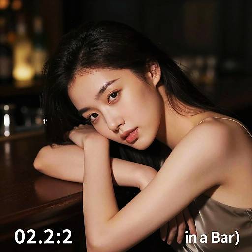 Photograph of a young East Asian woman with long black hair, fair skin, and delicate features, leaning on a dark wooden bar, looking introspective
