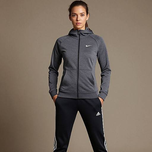 Photograph of a fit, serious-looking woman with brown hair in a ponytail, wearing a gray Nike zip-up hoodie and black Adidas track pants,