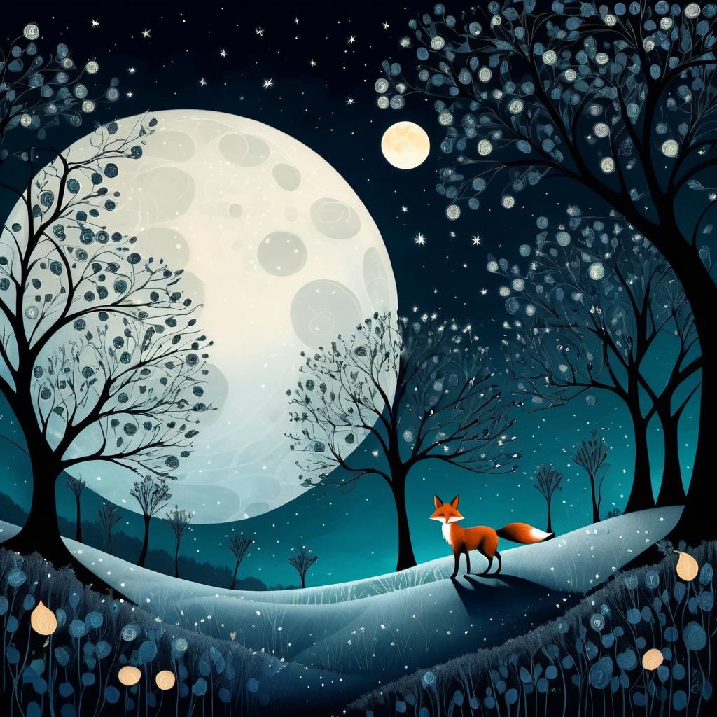 Whimsical Nocturnal Fox in Moonlit Orchard