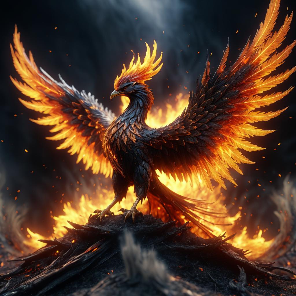 Photorealistic Phoenix Rising from Ashes