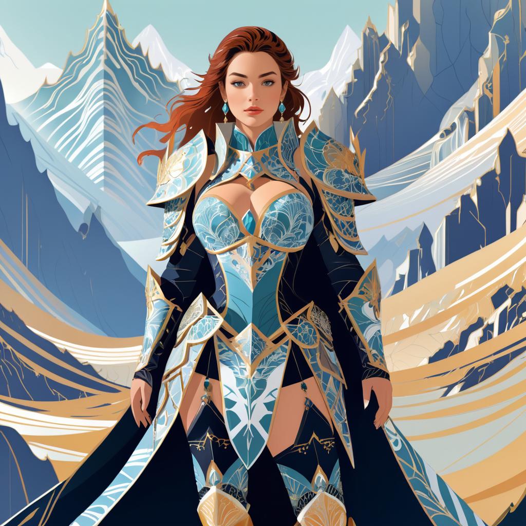 Ornate Armored Woman in Abstract Mountains