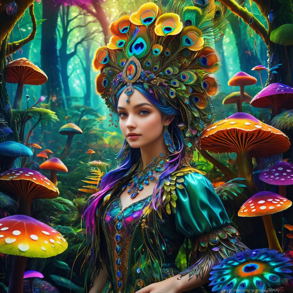 Whimsical Peacock Girl in Colorful Fungi