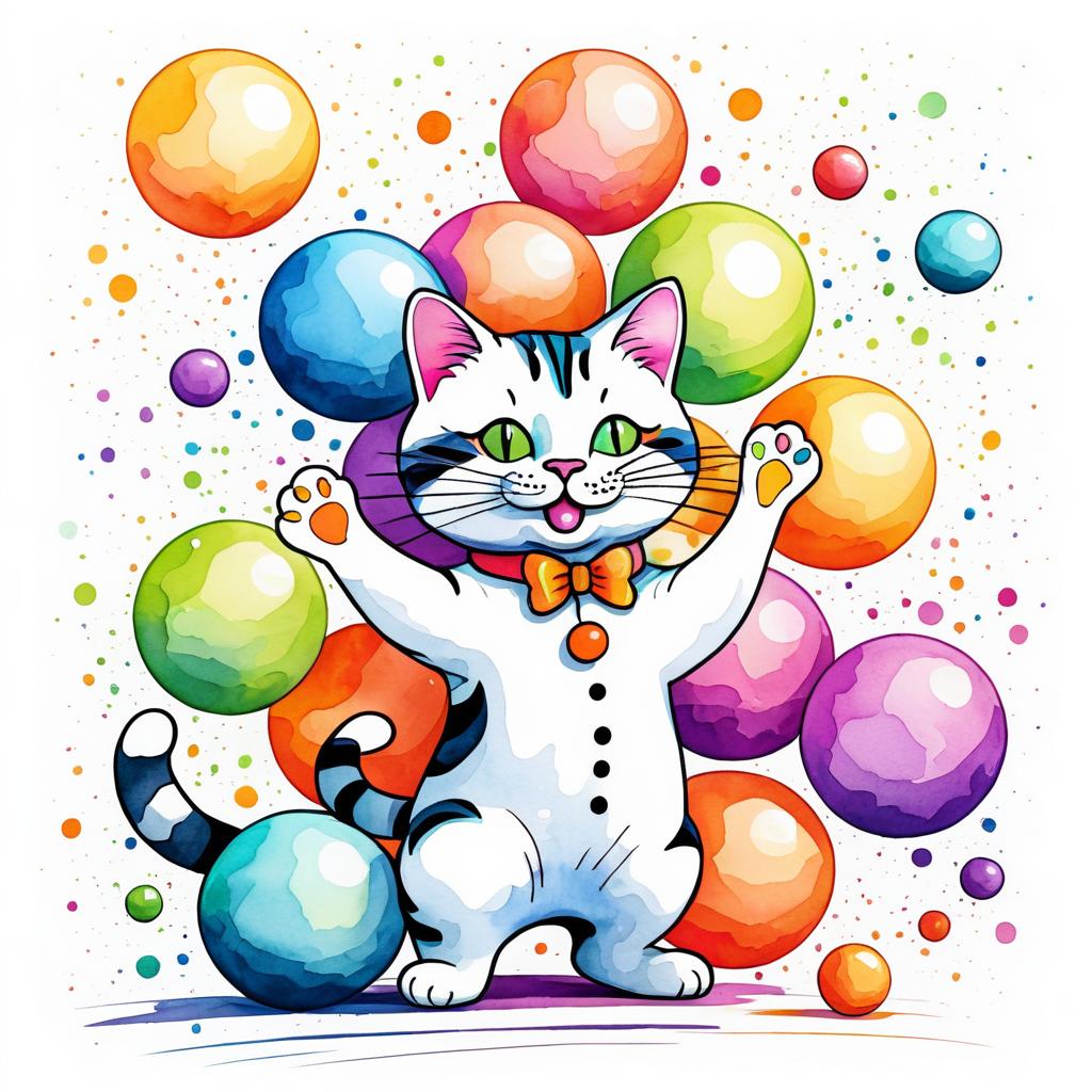 Whimsical Cat Juggling Colorful Balls