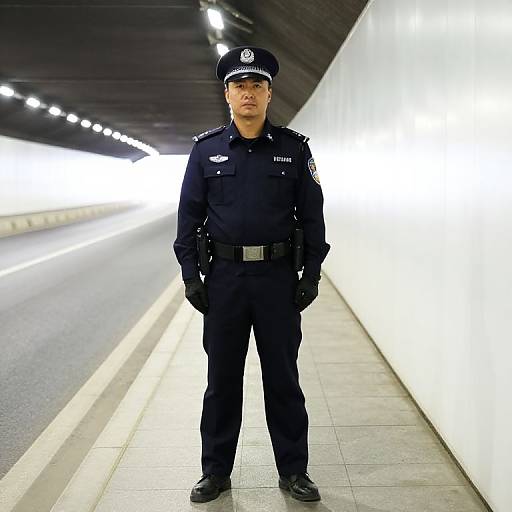 Confident Asian Police Officer in Tunnel