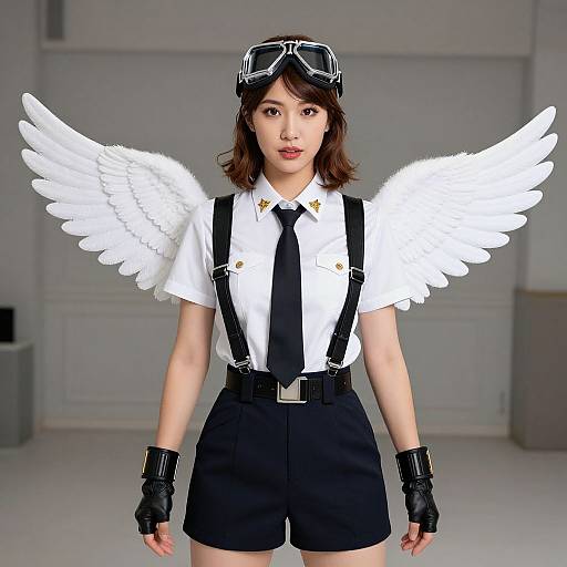 Digital artwork of an Asian woman with white angel wings, aviator goggles, black shorts, white shirt, tie, and black gloves.