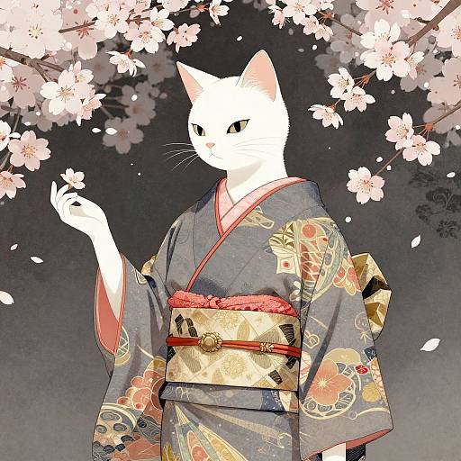 Digital illustration of a white cat in a floral-patterned kimono, standing under cherry blossom branches, holding a petal with a red obi belt