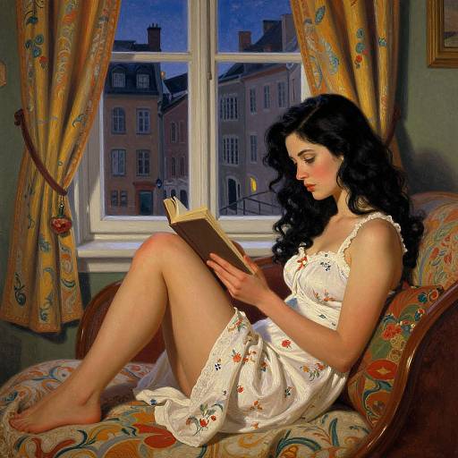 Photorealistic painting of a fair-skinned woman with long black curls, in a white floral dress, reading on a patterned couch by a window