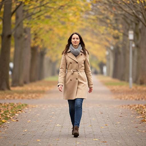Photograph of a smiling woman with long brown hair, wearing a beige coat, gray scarf, and blue jeans, walking on a leaf-covered, tree