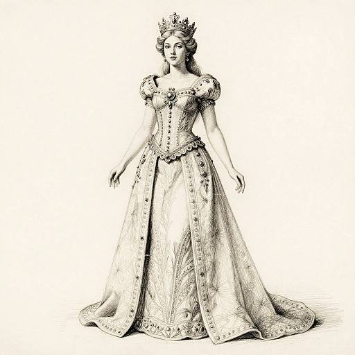 Black-and-white drawing of a regal queen in an ornate, off-the-shoulder gown with a full skirt and detailed crown, standing confidently