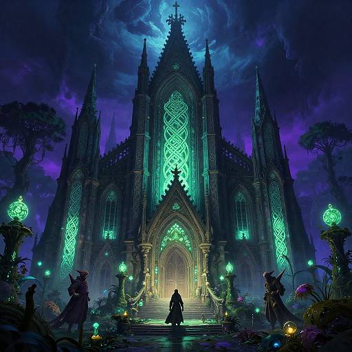 Bioluminescent Elven Cathedral in Neon Swamp Garden