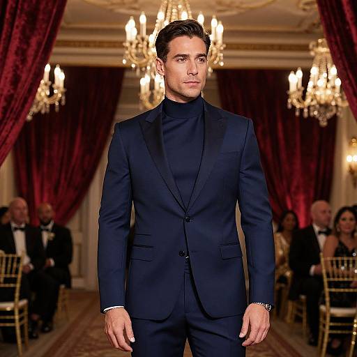 Photograph of a handsome, dark-haired man in a black tuxedo, standing confidently in an opulent room with red curtains and chandeliers