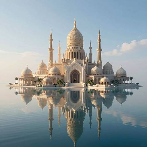 Photorealistic CGI of a grand, white-domed mosque with multiple minarets, reflected in calm, clear water under a bright blue sky.