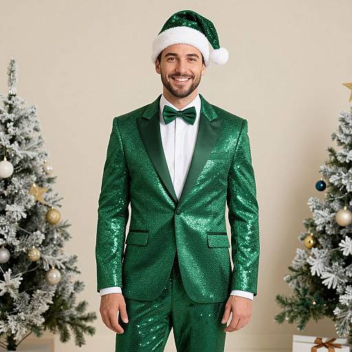 Photograph of a smiling man in a green glitter tuxedo, white shirt, green bow tie, and Santa hat, standing between two decorated Christmas