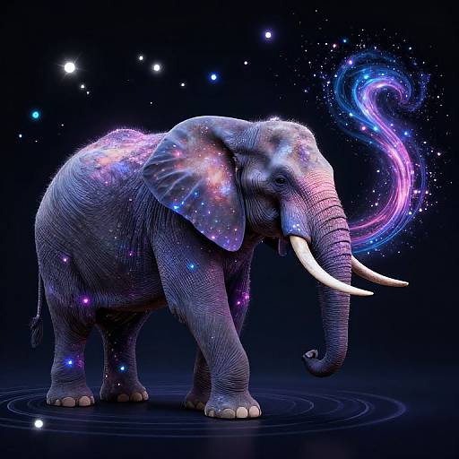Photograph-style digital illustration of a magical, galaxy-covered elephant with glowing neon horns and a swirling, starry breath, standing on a dark, star