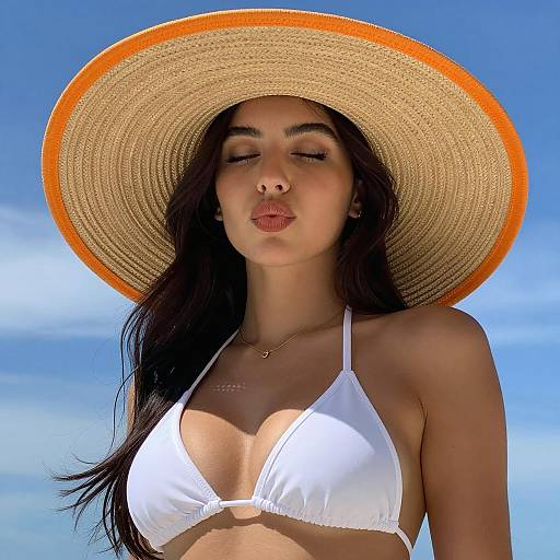 Woman in Straw Hat and White Bikini Top