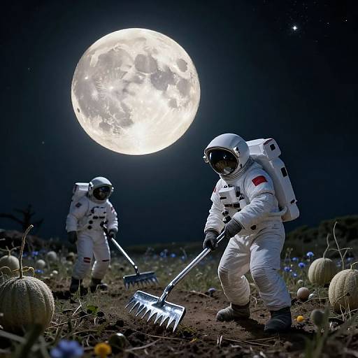 Photograph of two astronauts in white spacesuits with backpacks, digging in a field of pumpkins under a bright full moon.