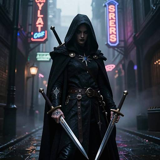 Dark, hooded assassin with two swords, standing in a foggy, neon-lit alley at night, wearing a black cloak adorned with a pent