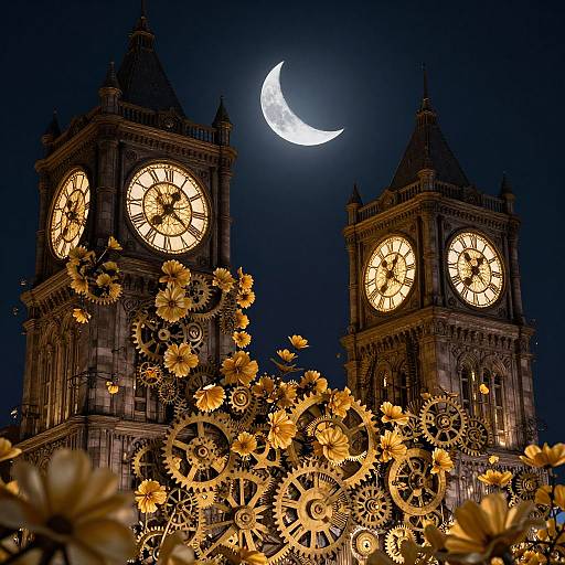 Photograph of a night sky with a glowing crescent moon, illuminated clock towers, and golden gears and flowers in the foreground.