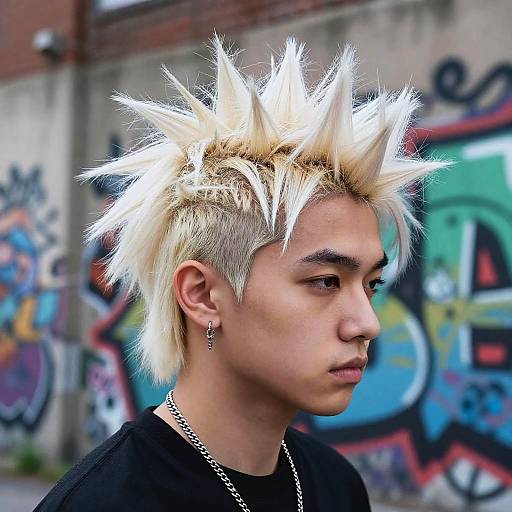 Photograph of an Asian teenage boy with spiky, platinum blonde hair, black shirt, silver chain, and nose ring, standing in front of colorful