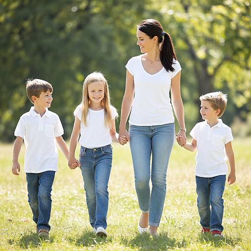Photograph of a smiling brunette mother in a white shirt and jeans holding hands with three children, also in white shirts and jeans, walking through a sun