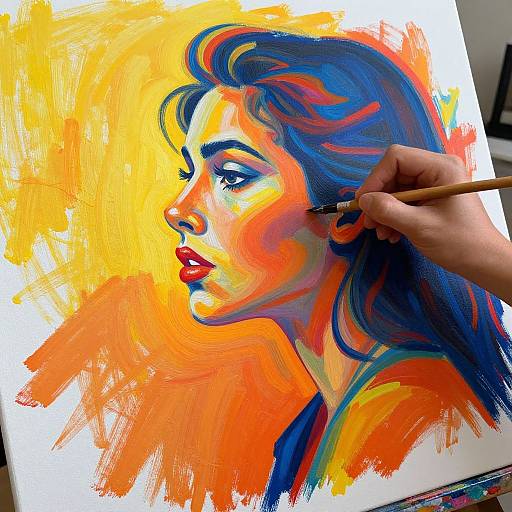 Vibrant oil painting of a woman's profile in bold orange, yellow, blue, and red hues. Hand holds paintbrush adding details. Bright