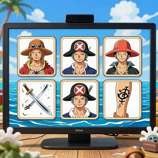 Digital drawing of a computer monitor showing anime-style character icons with pirate hats, swords, and tattoos, set against a blue ocean background with a palm tree