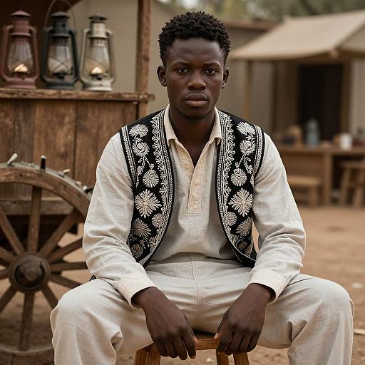 Photograph of a serious young African man with short curly hair, wearing a white shirt and black floral vest, seated outdoors by wooden carts and lanterns
