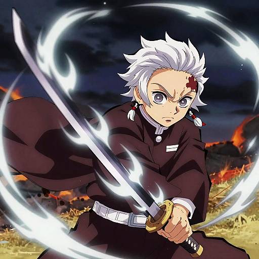 Anime-style digital drawing of a white-haired male character with a determined expression, wielding a glowing sword in a dark, fiery landscape.