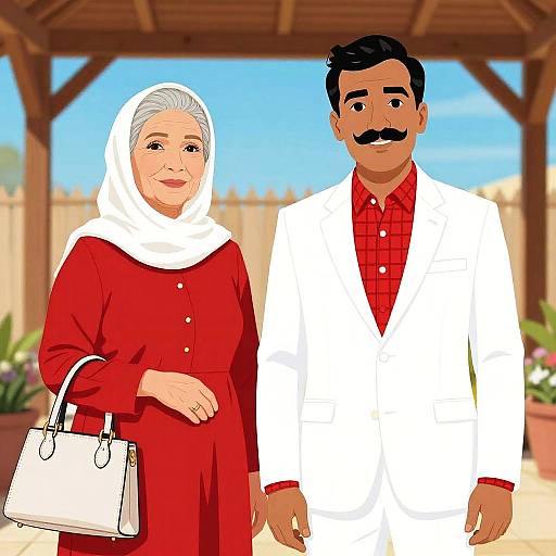 Digital cartoon of an elderly woman in a red outfit and white hijab, holding a white purse, standing with a mustached man in a white suit