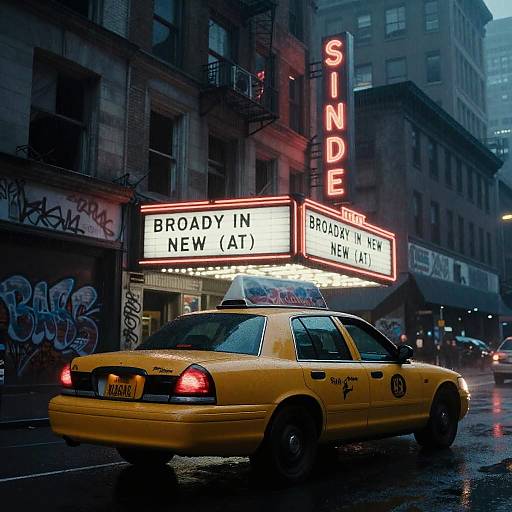 Photograph of a yellow New York City taxi driving past a neon-lit 