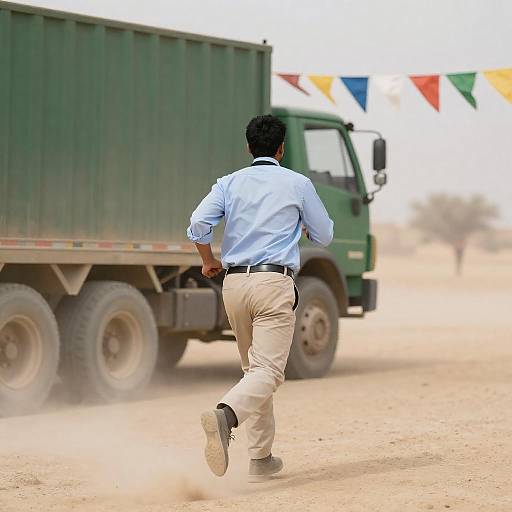 Man Running Towards Green Truck in Desert