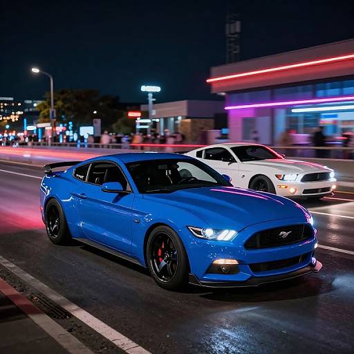 Nighttime photo of a vibrant blue Ford Mustang with black rims and red brake calipers, driving alongside a white sports car on a wet, illuminated street