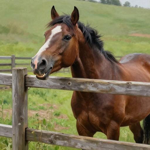 Photograph of a brown horse with a white stripe on its forehead, leaning on a wooden fence in a green, grassy field. Horse's mouth