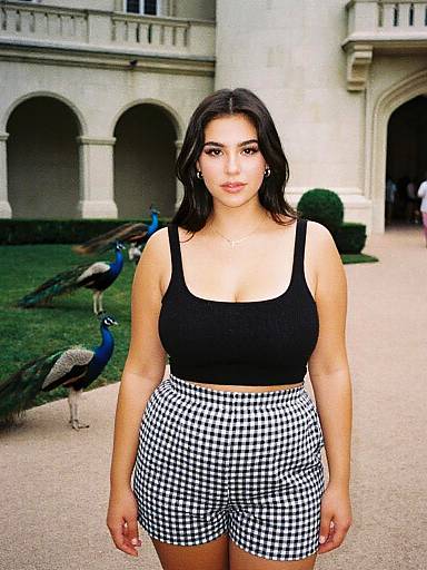 Photograph of a curvy woman with long dark hair, black tank top, and black-and-white checkered shorts, standing in front of a ne