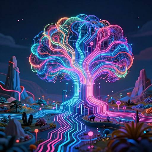 Vibrant digital artwork of a neon-lit, futuristic tree with glowing blue, pink, and orange lines against a night sky landscape.