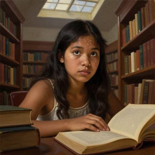 Photograph of a young South Asian girl with long black hair, reading in a sunlit library, surrounded by bookshelves and stacks.