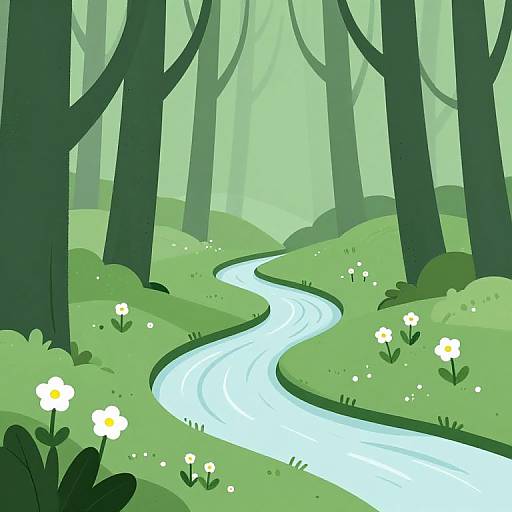 Minimalist Forest with River and White Flowers