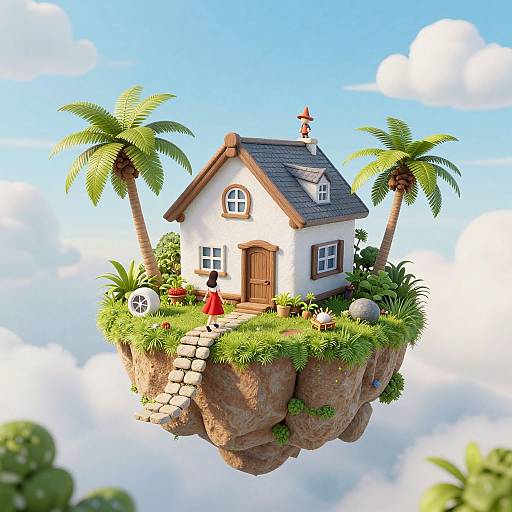 Whimsical CGI illustration of a tiny white house with a grey roof, surrounded by palm trees, lush greenery, and a stone path, floating