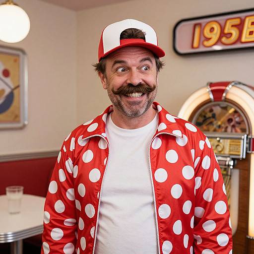 Photograph of a smiling man with dark mustache, wearing a white t-shirt, red polka dot jacket, and red-white cap, in a
