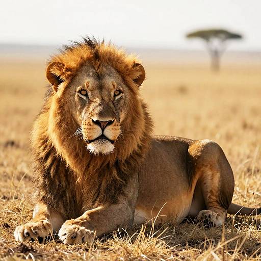 Photograph of a majestic male lion with a thick, golden-brown mane, lying in the sun on a dry, grassy savanna, with