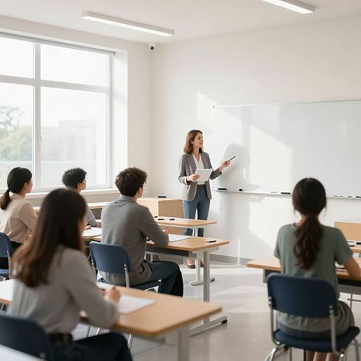 Photograph of a modern classroom with five students seated, facing a standing female teacher writing on a whiteboard. Bright, natural light fills the room from
