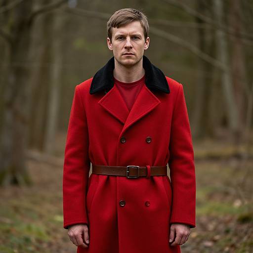 Photograph of a serious, fair-skinned man with short brown hair, wearing a bright red, belted coat with black collar, standing in a