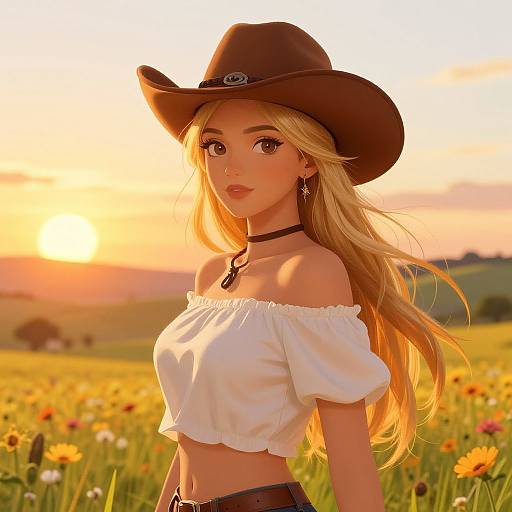 Sunset Cowboy Woman Illustration
