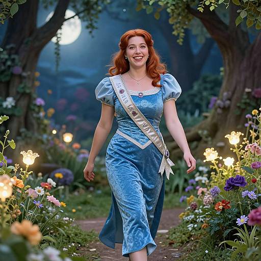 Photograph of a smiling red-haired woman in a blue, puffed-sleeve dress with a silver sash, walking through a moonlit,