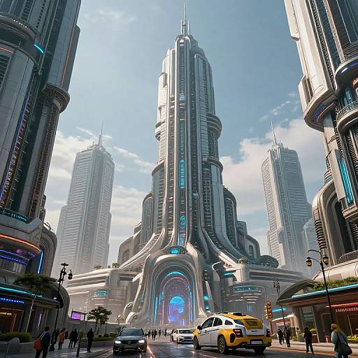Digital artwork of a futuristic cityscape featuring towering, sleek skyscrapers with neon lights, a central arched building, and yellow taxis on a bustling