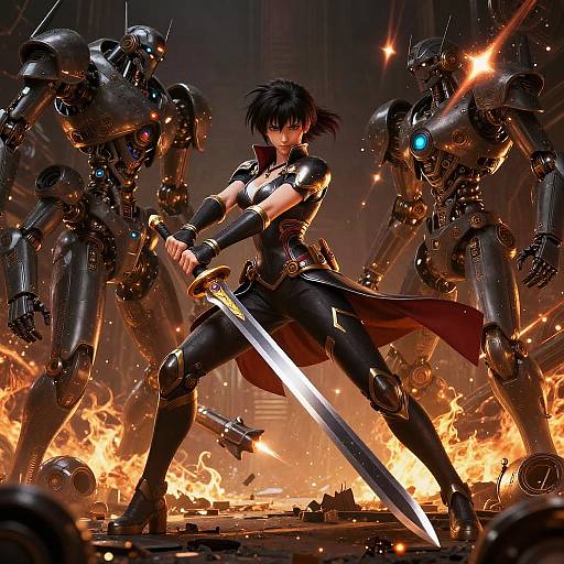 Digital art: Black-haired warrior with glowing sword stands defiantly in front of blazing fire, flanked by two menacing, glowing-eyed robots.