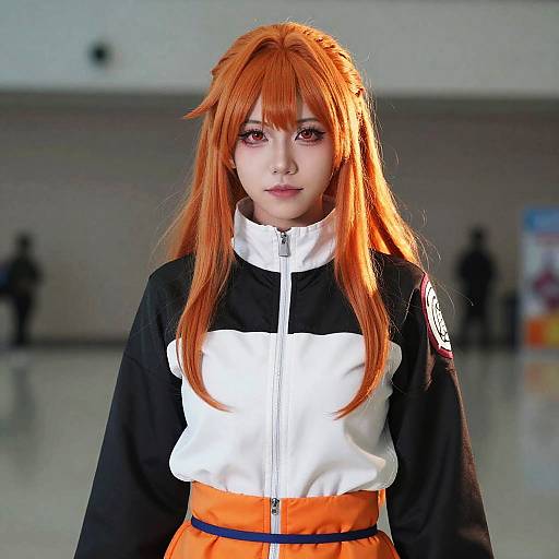 Photograph of an Asian woman cosplaying as Hinata from Naruto, with long orange hair, wearing a black and white jacket, orange skirt, and