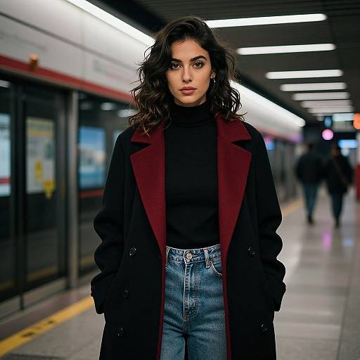 Photograph of a young woman with wavy dark hair, wearing a black turtleneck, red-lined black coat, and blue jeans, standing on