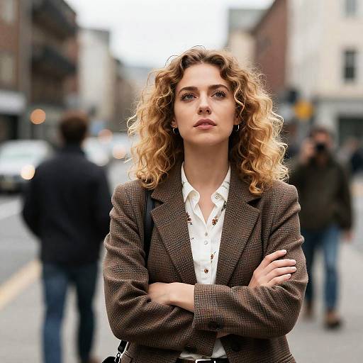 Confident Woman in Brown Plaid Jacket Outdoors
