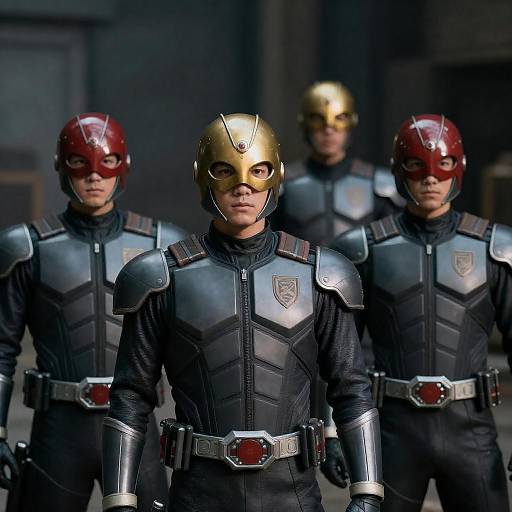 Group of Men in Metallic Superhero Costumes